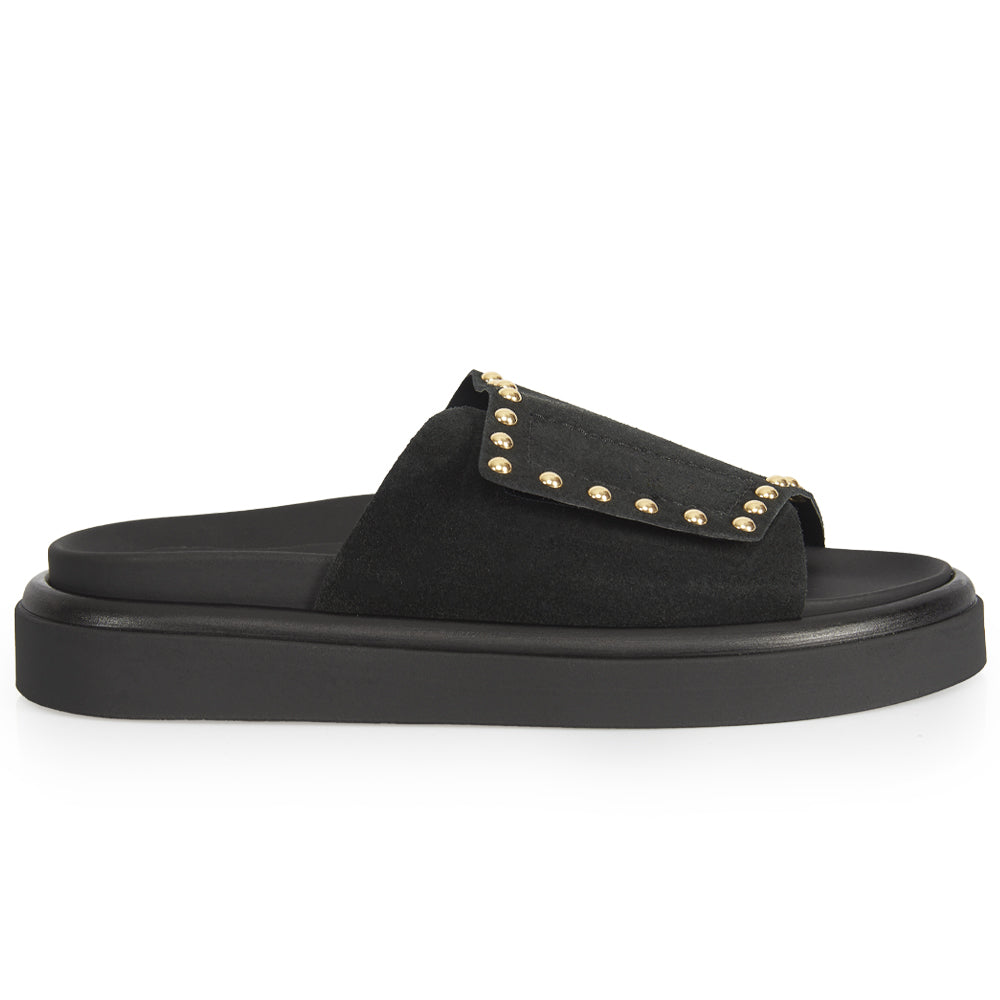 Mule plate en daim noir