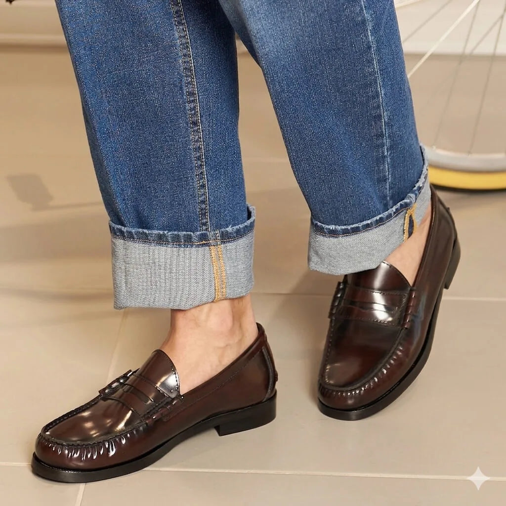 Mocassino Penny marrone con cuciture a mano