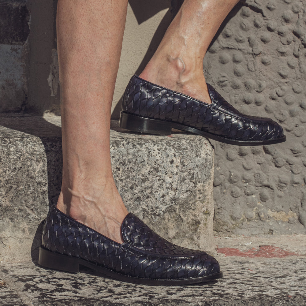 Mocassino Luxury in Pelle Intrecciata Blu Navy