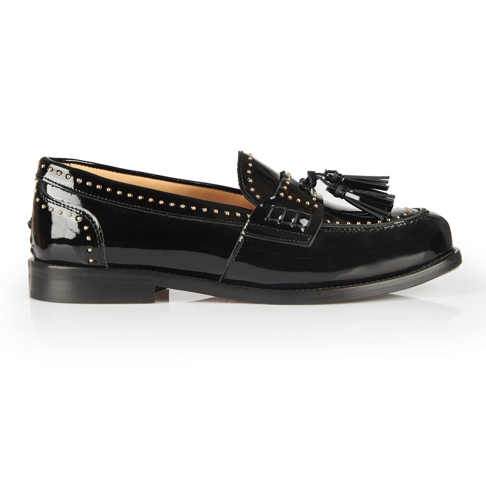 Black patent penny loafer with studs