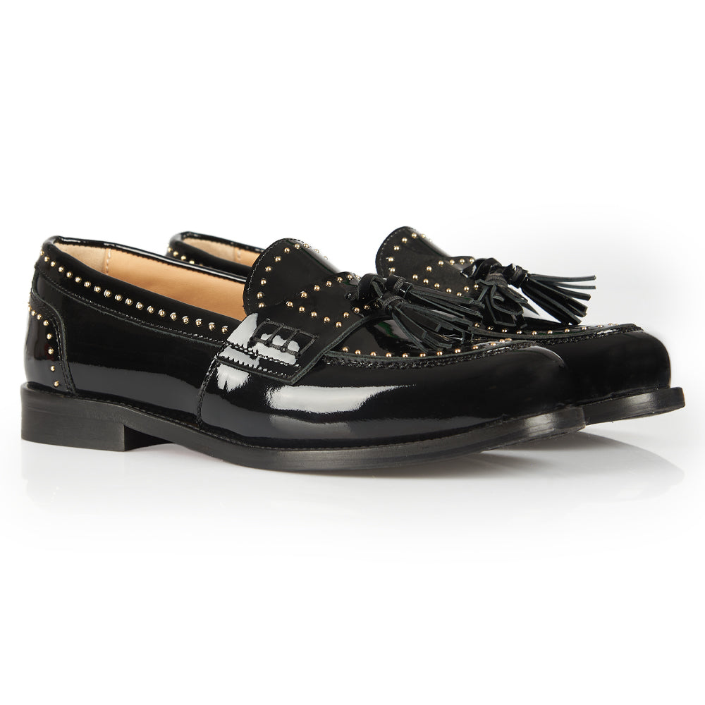 Black patent penny loafer with studs