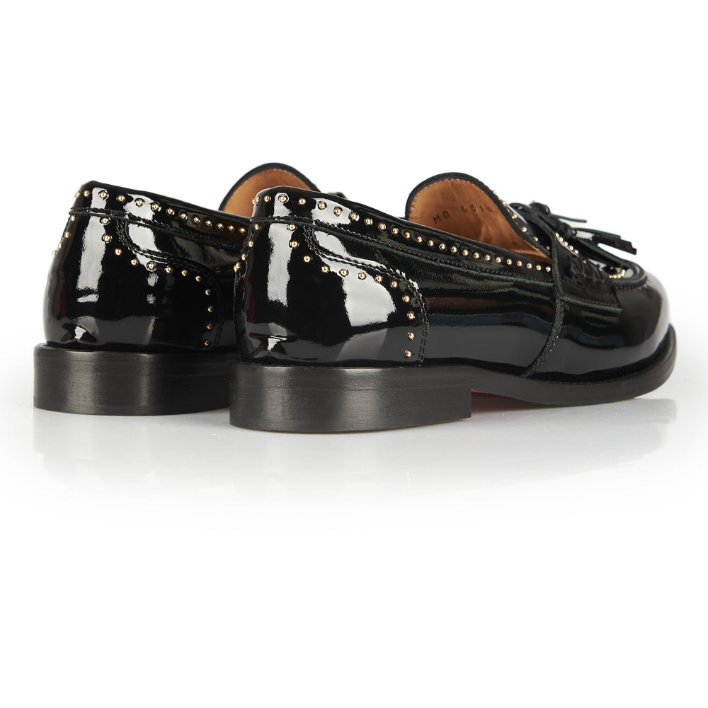 Black patent penny loafer with studs