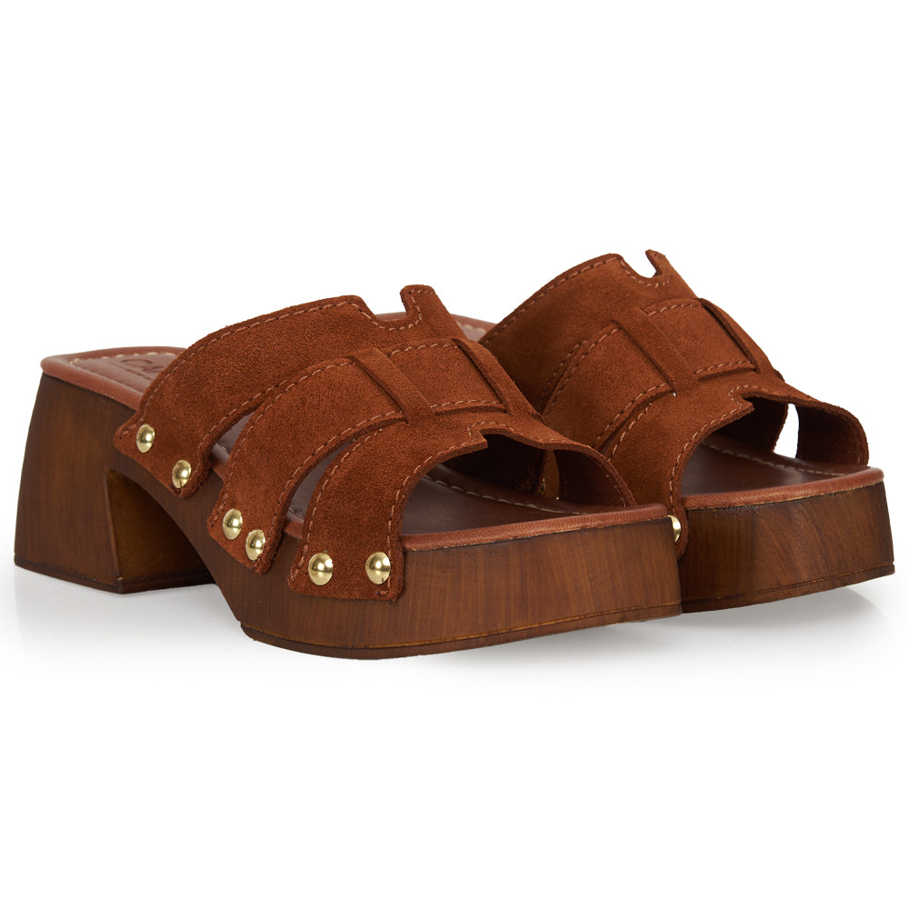 Brown Suede & Studded Platform Clog