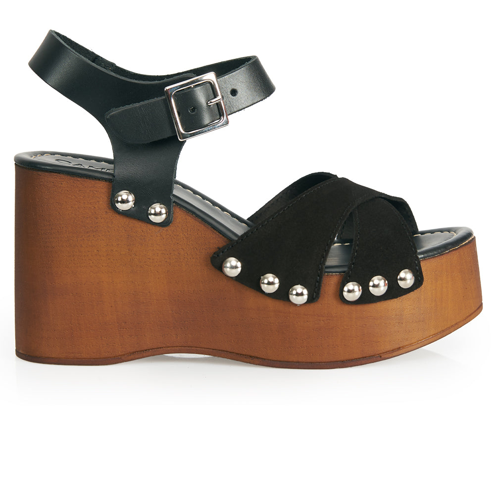 sandale à plateforme en daim noir effet bois