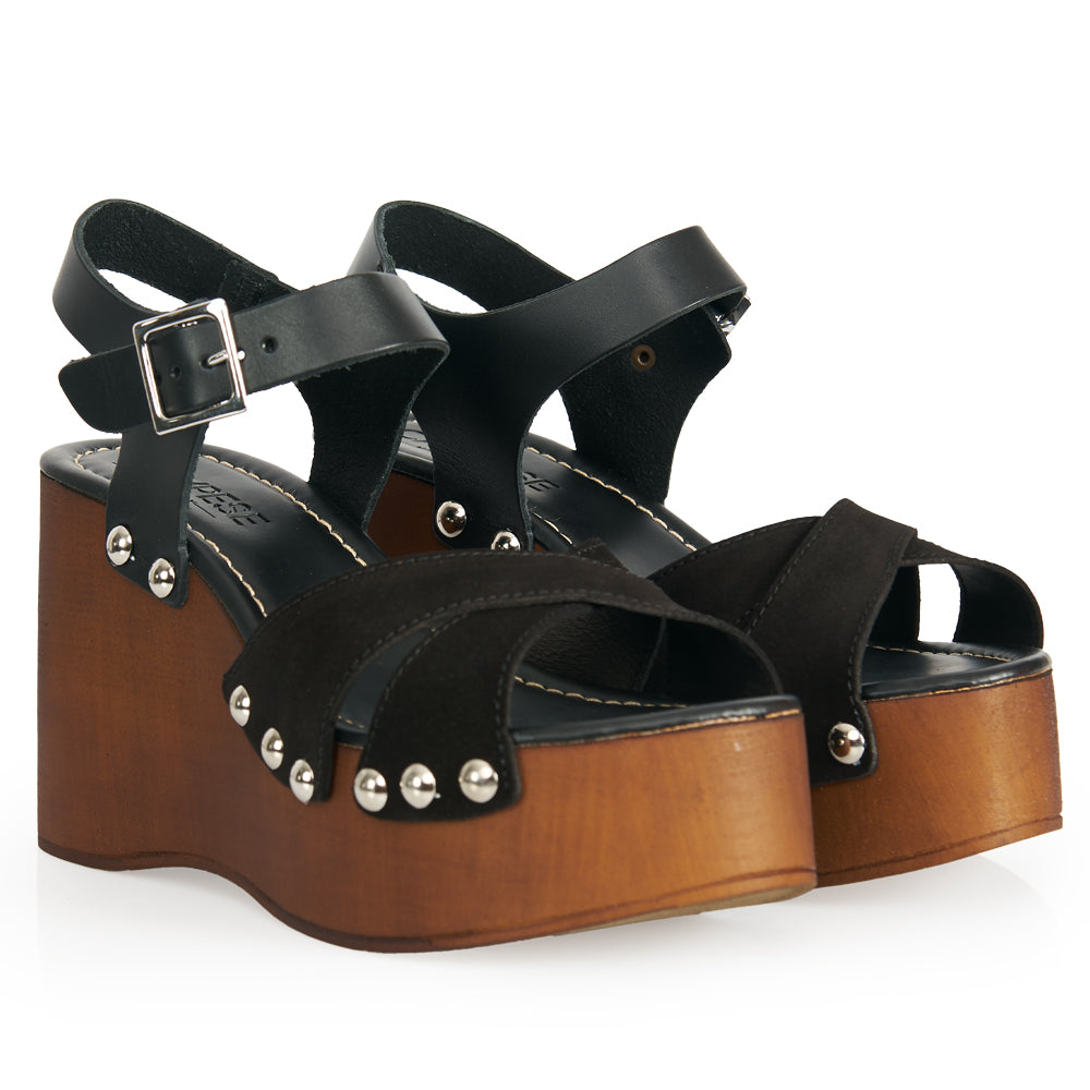 sandale à plateforme en daim noir effet bois