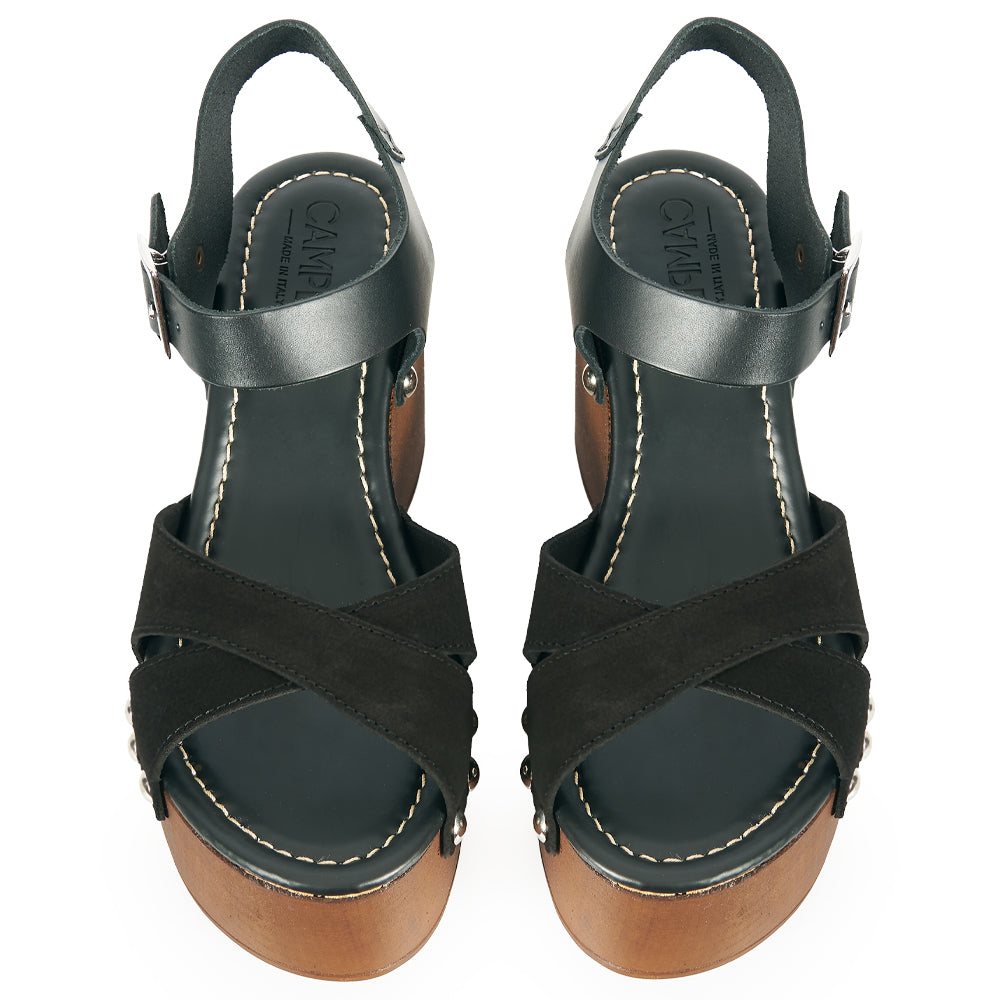 sandale à plateforme en daim noir effet bois