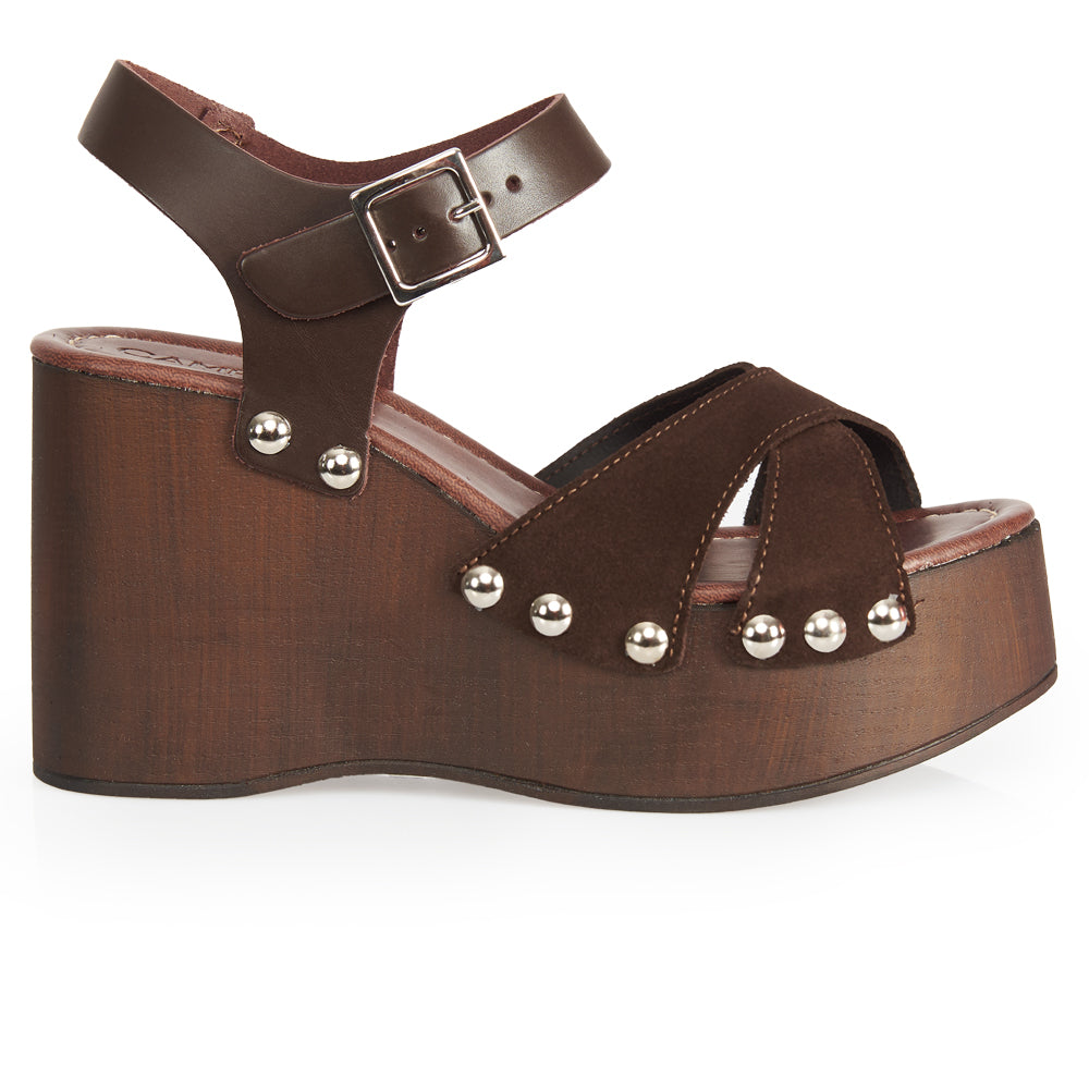 sandale à plateforme en daim marron foncé effet bois