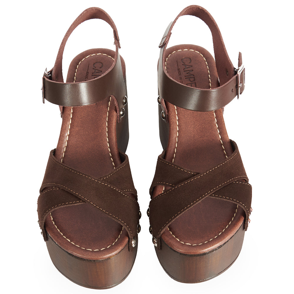 Sandalo platform effetto legno in camoscio testa di moro