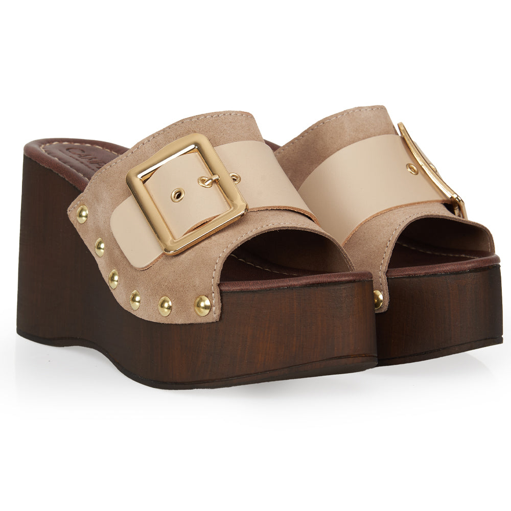 sabot compensé en daim glacé effet bois