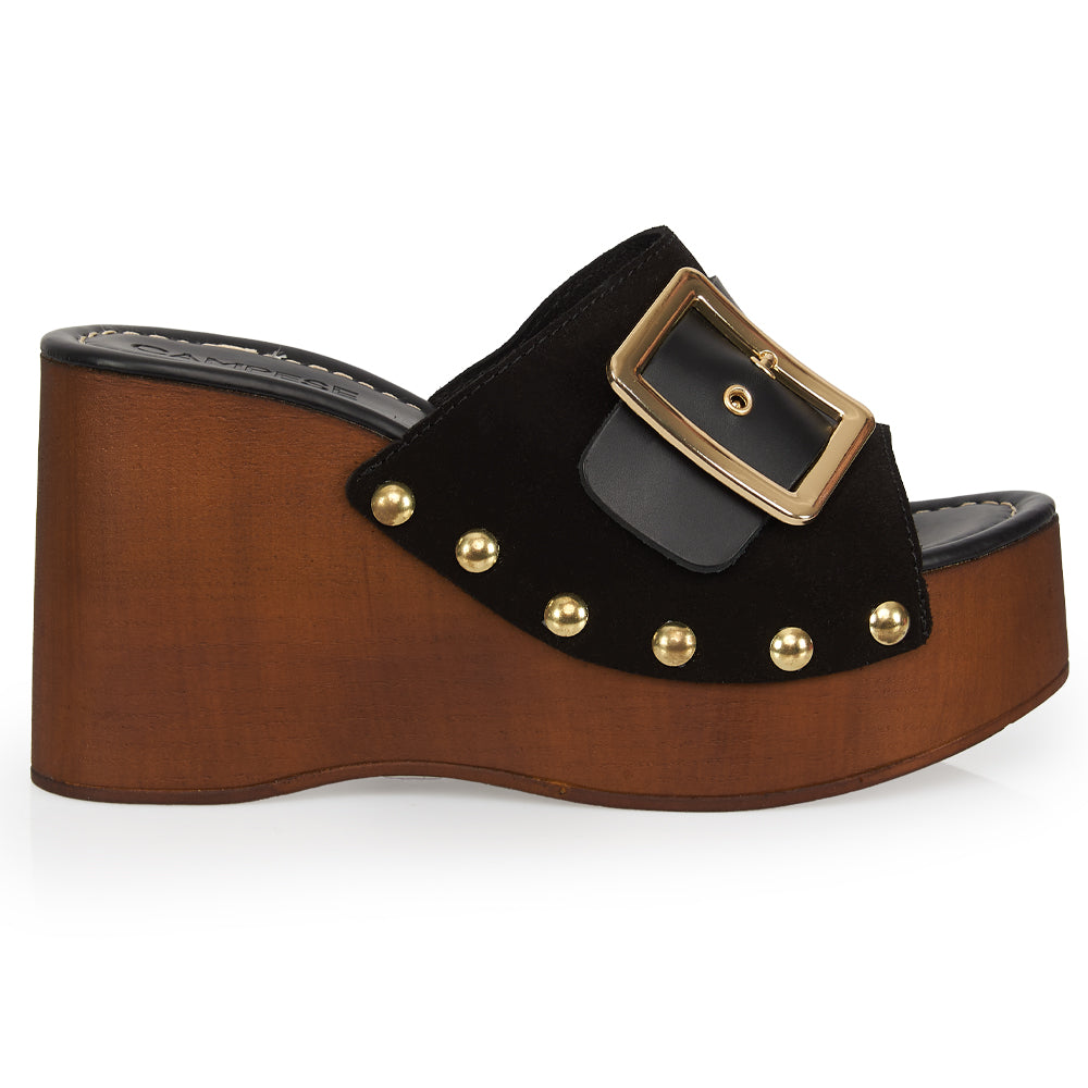 sandale compensée en daim noir effet bois