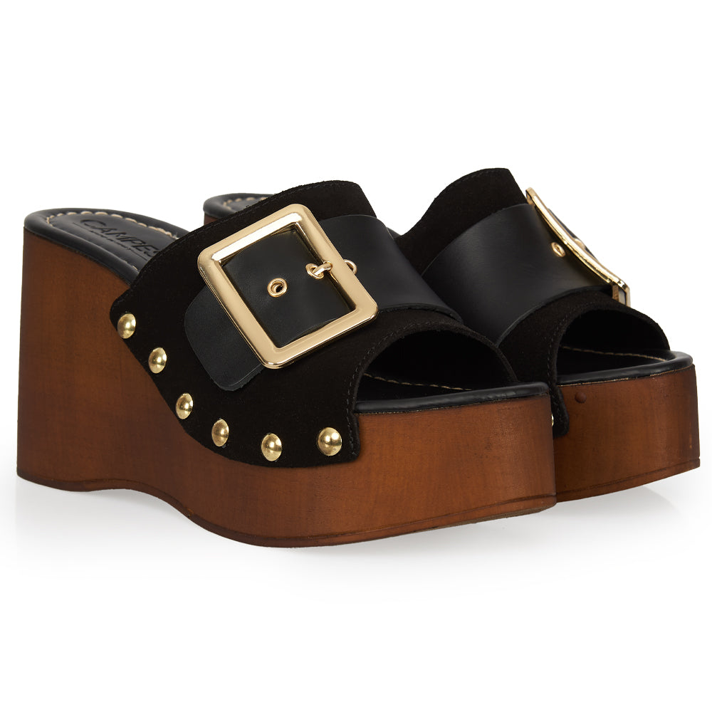 sandale compensée en daim noir effet bois