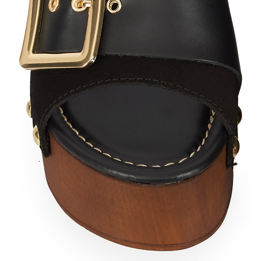 sandale compensée en daim noir effet bois