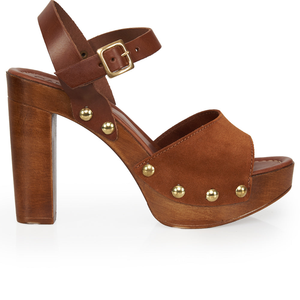 Sandale à talon haut en daim marron et cuir