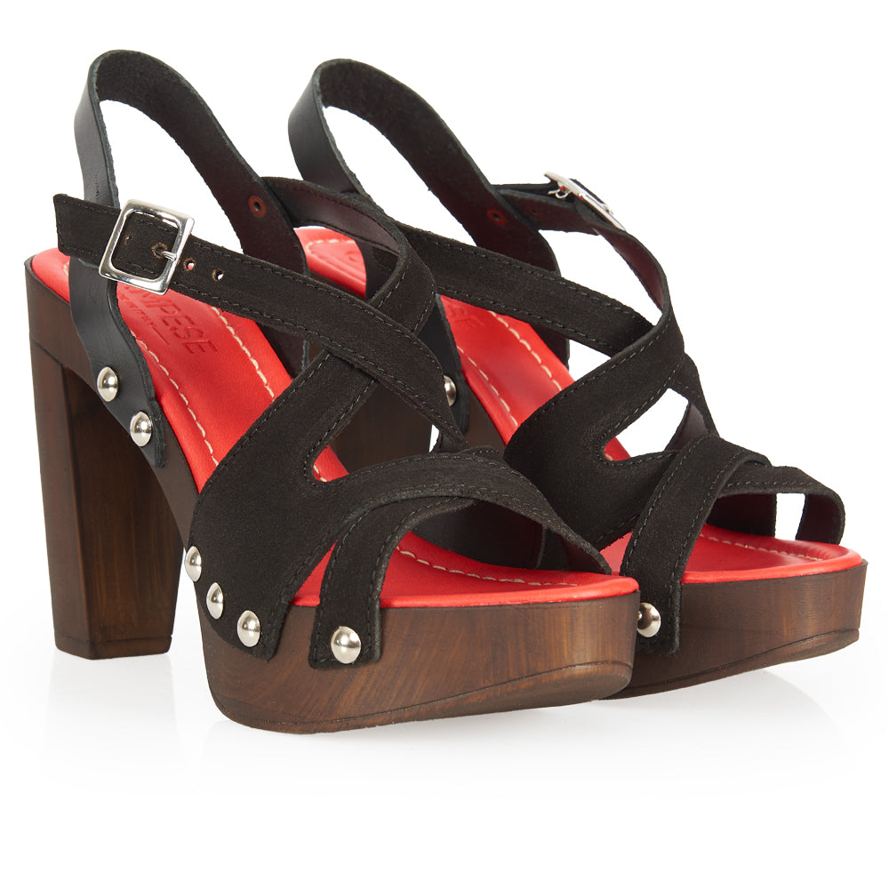 sandale à talons hauts croisés en daim noir