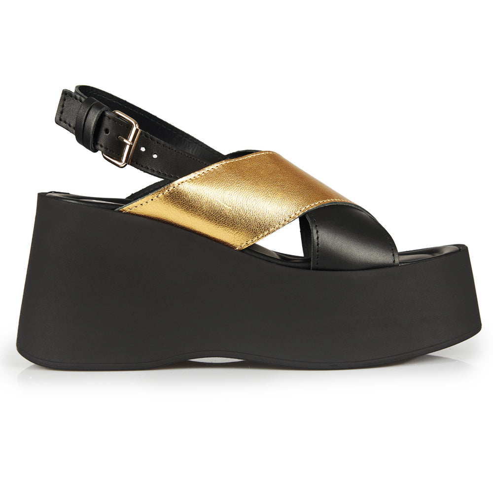 Sandali con zeppa nero e oro
