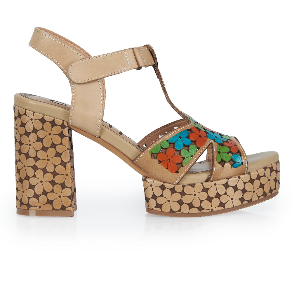 Sandalo T-strap stile floreale - beige