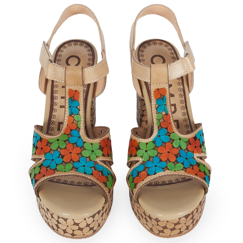 Sandalo T-strap stile floreale - beige