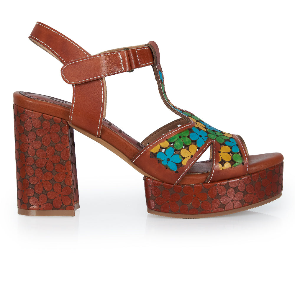 Sandalo T-Strap stile Floreali - cuoio