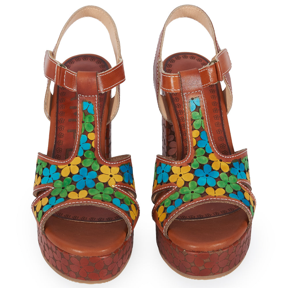 Sandalo T-Strap stile Floreali - cuoio