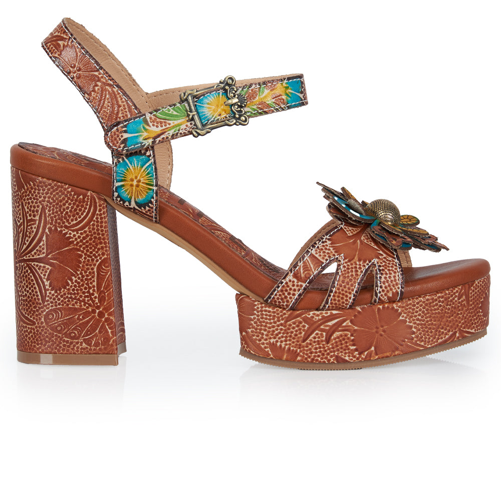 Sandalo t-strap stile gloreale - cuoio fiore