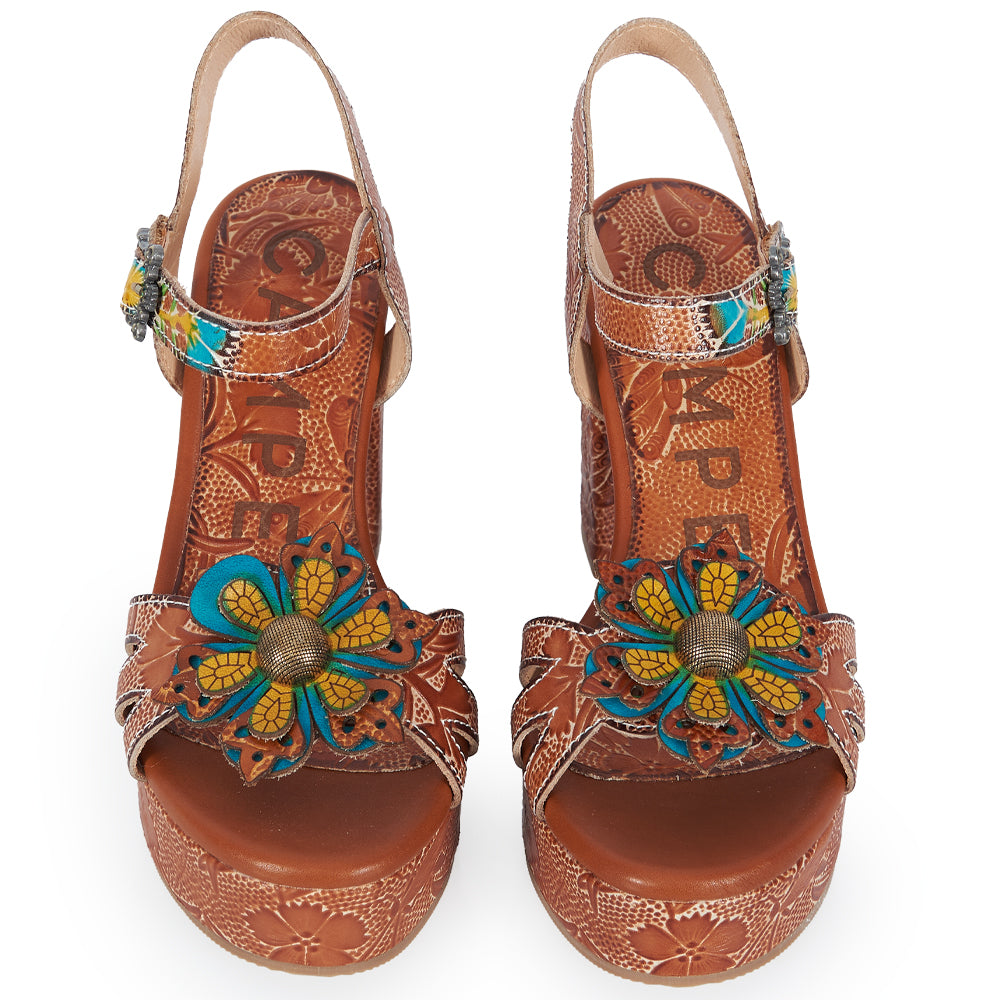 Sandalo t-strap stile gloreale - cuoio fiore