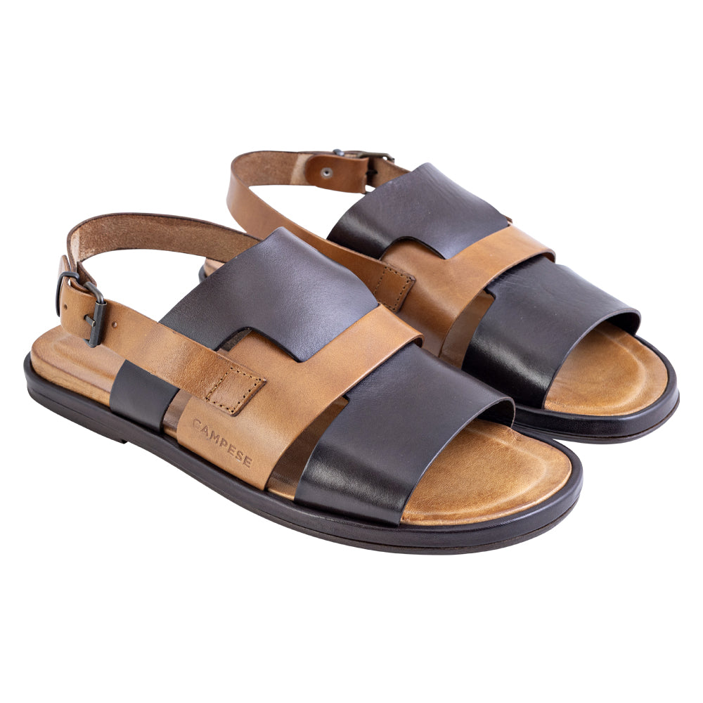 Sandalo fasciato in pelle marrone e cuoio