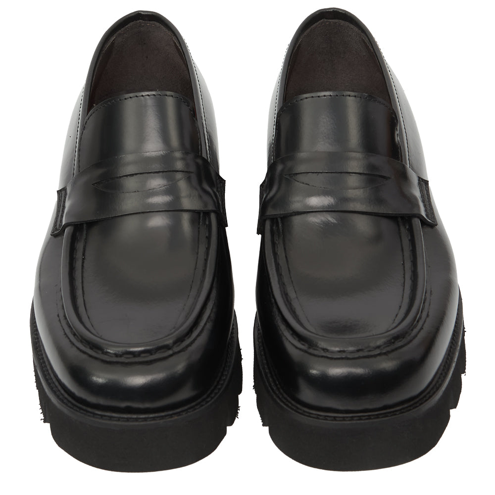 Mocassino Penny Loafer in Pelle Spazzolata Nera con Suola Chunky Lug