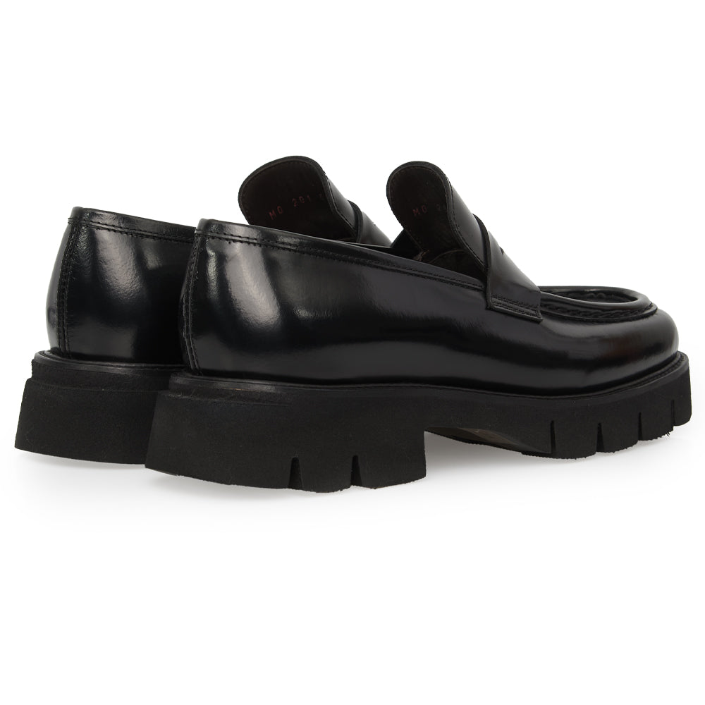 Mocassino Penny Loafer in Pelle Spazzolata Nera con Suola Chunky Lug