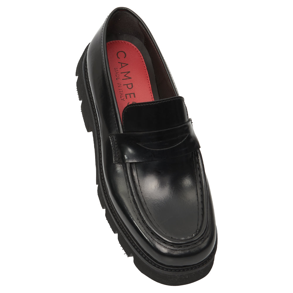 Mocassino Penny Loafer in Pelle Spazzolata Nera con Suola Chunky Lug