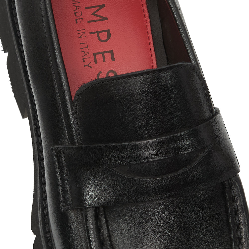 Mocassino Penny Loafer in Pelle liscia Nera con Suola Chunky Lug