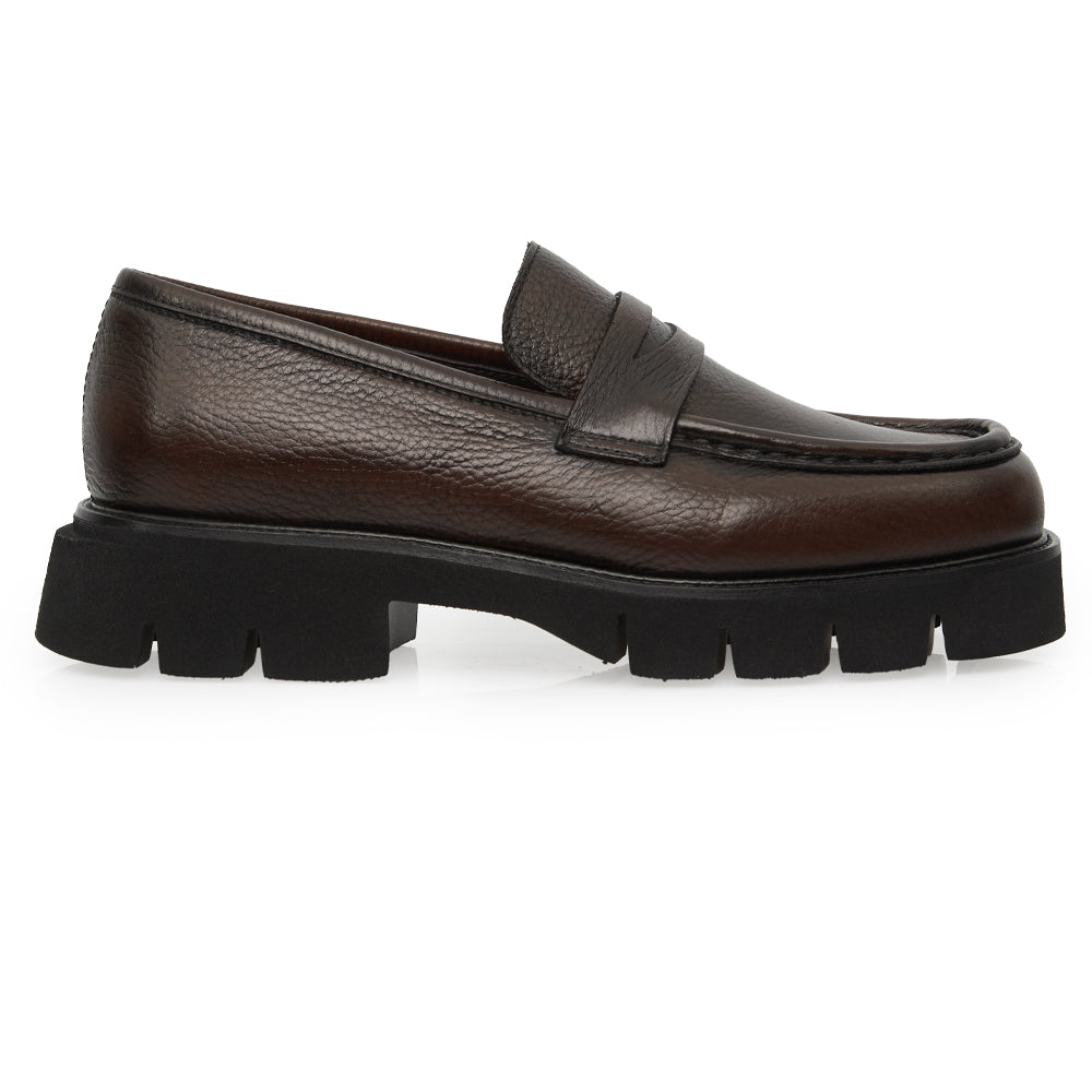 Mocassino Penny Loafer in Pelle Martellata Testa di moro con Suola Chunky Lug