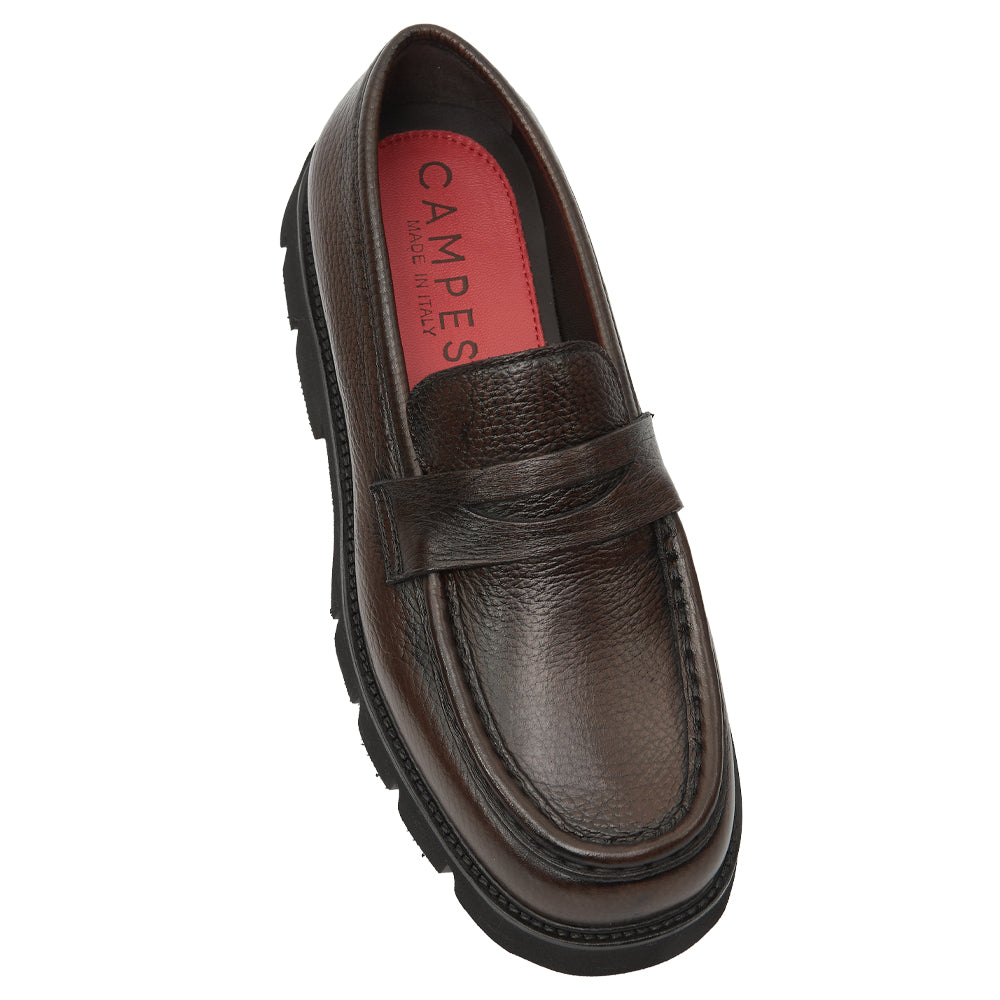 Mocassino Penny Loafer in Pelle Martellata Testa di moro con Suola Chunky Lug