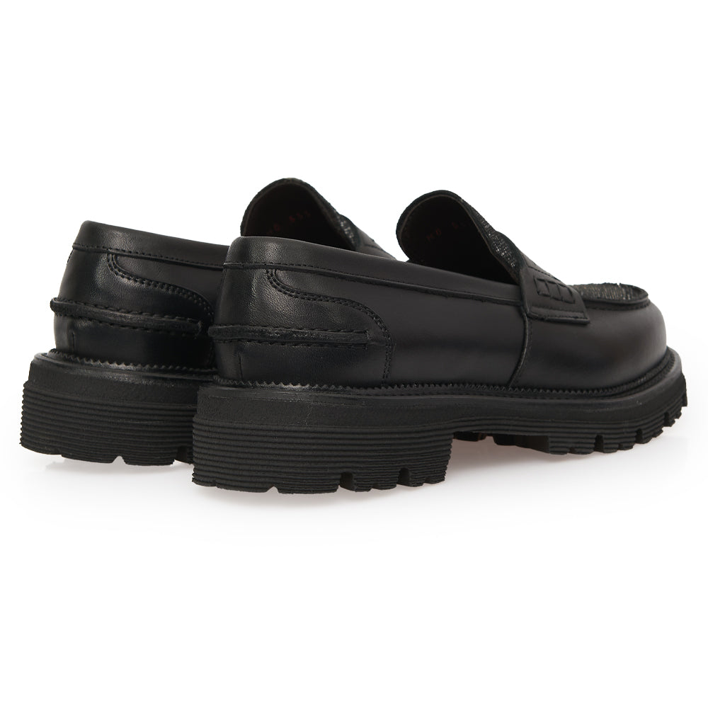 Mocassin Penny Loafer en Cuir Noir avec Empiècement Glitter/Métallisé et Semelle Lug