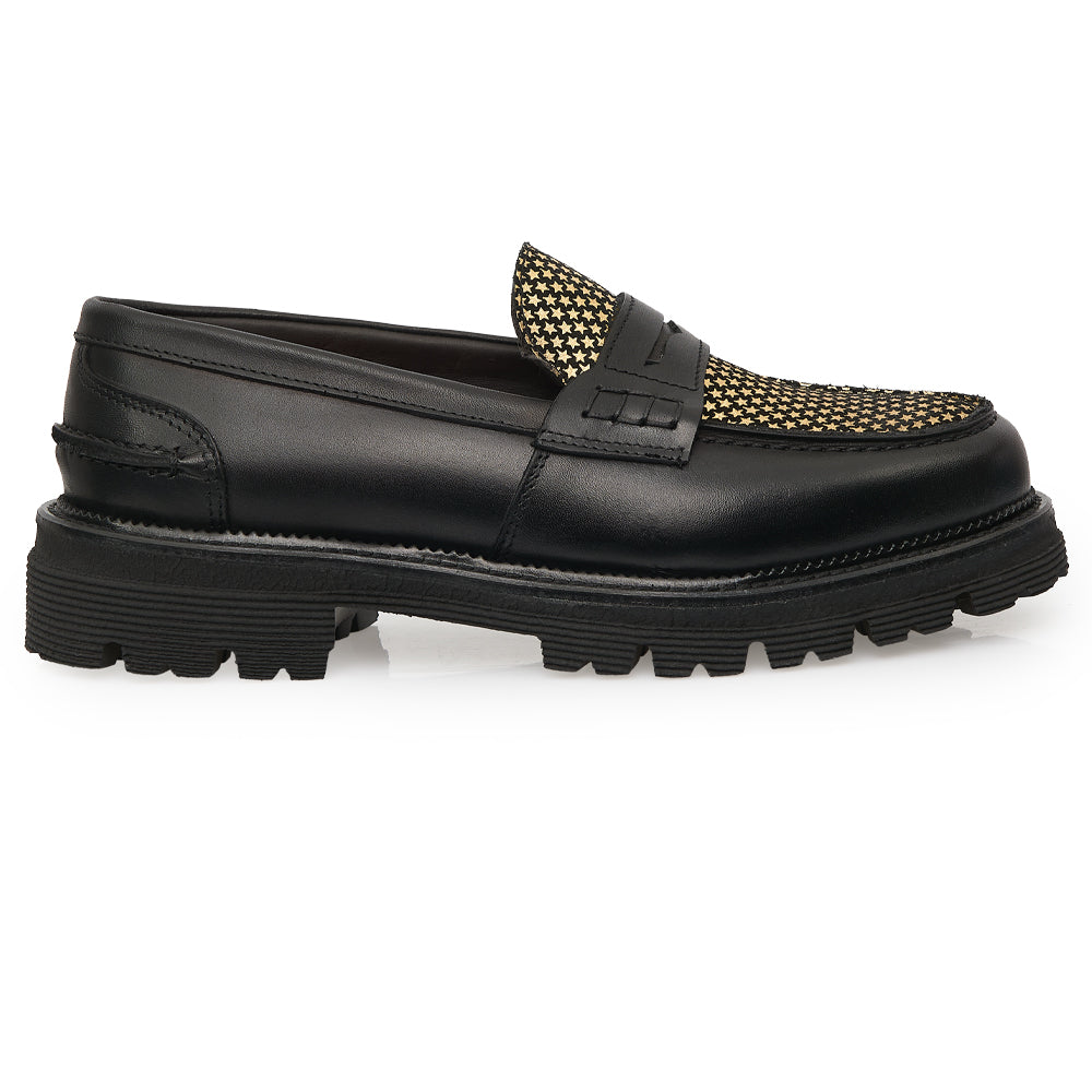 Penny Loafer in Black Leather with Gold Star Studs and Lug Sole