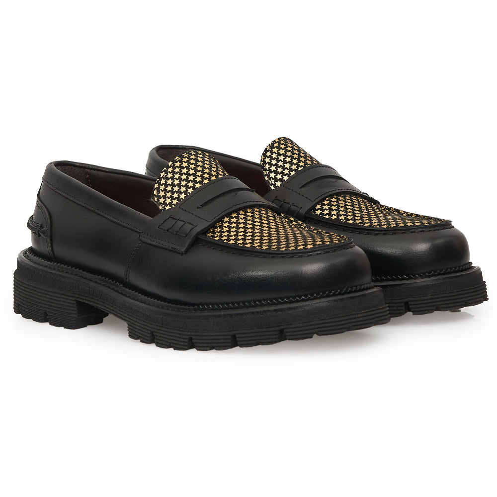 Penny Loafer in Black Leather with Gold Star Studs and Lug Sole