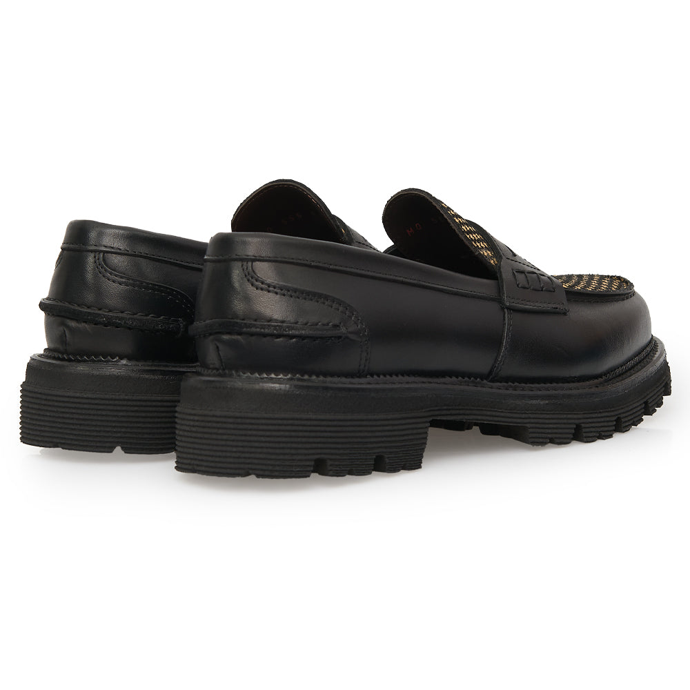 Penny Loafer in Black Leather with Gold Star Studs and Lug Sole