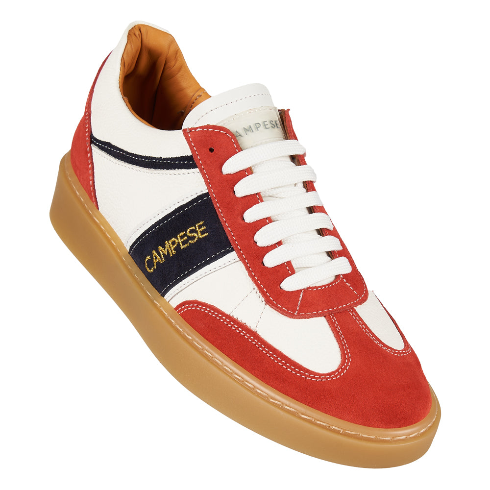 White leather and red suede sneakers