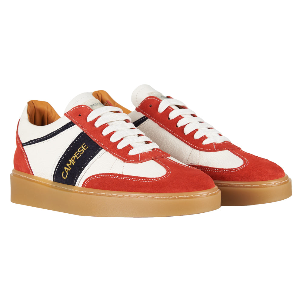 White leather and red suede sneakers