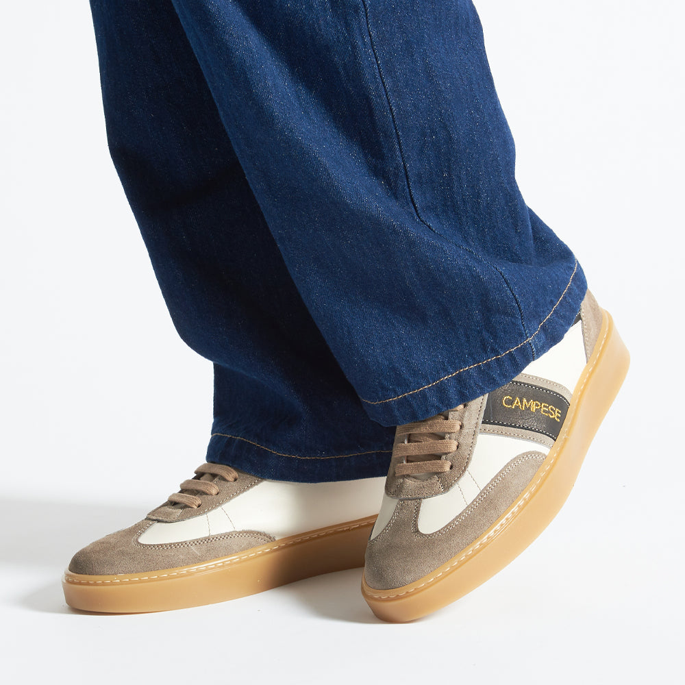 Beige leather and sand suede sneakers