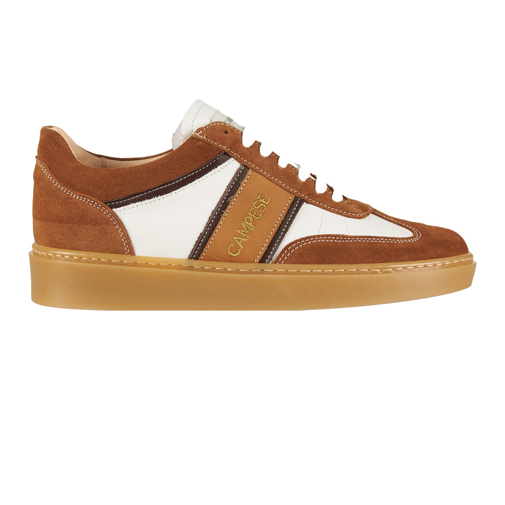 Sneakers in white leather and tobacco suede