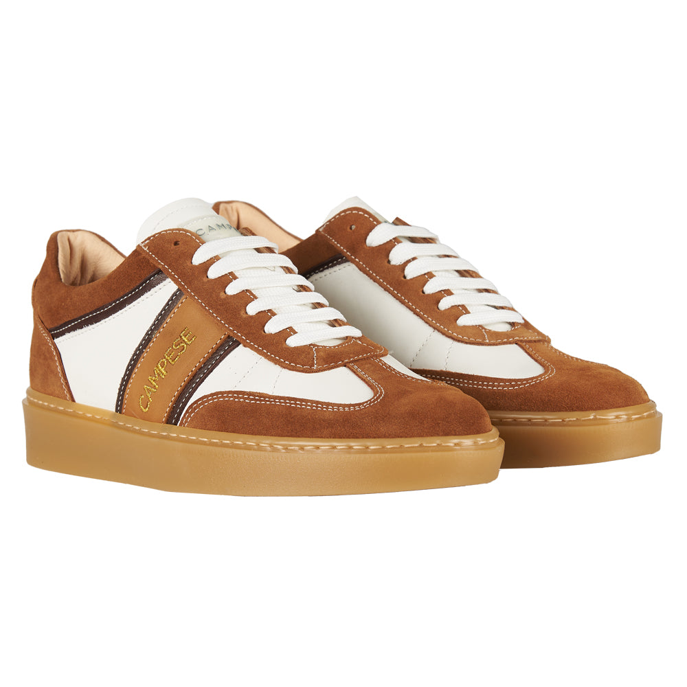 Sneakers in white leather and tobacco suede