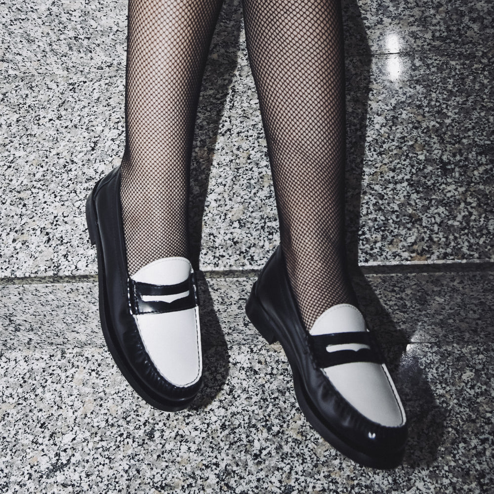White and Black Leather Penny Loafer – hand-stitched