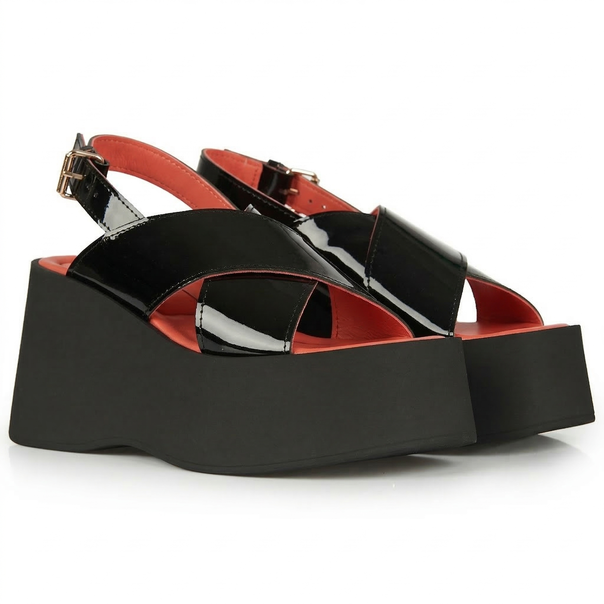 Black Patent Wedge Sandals