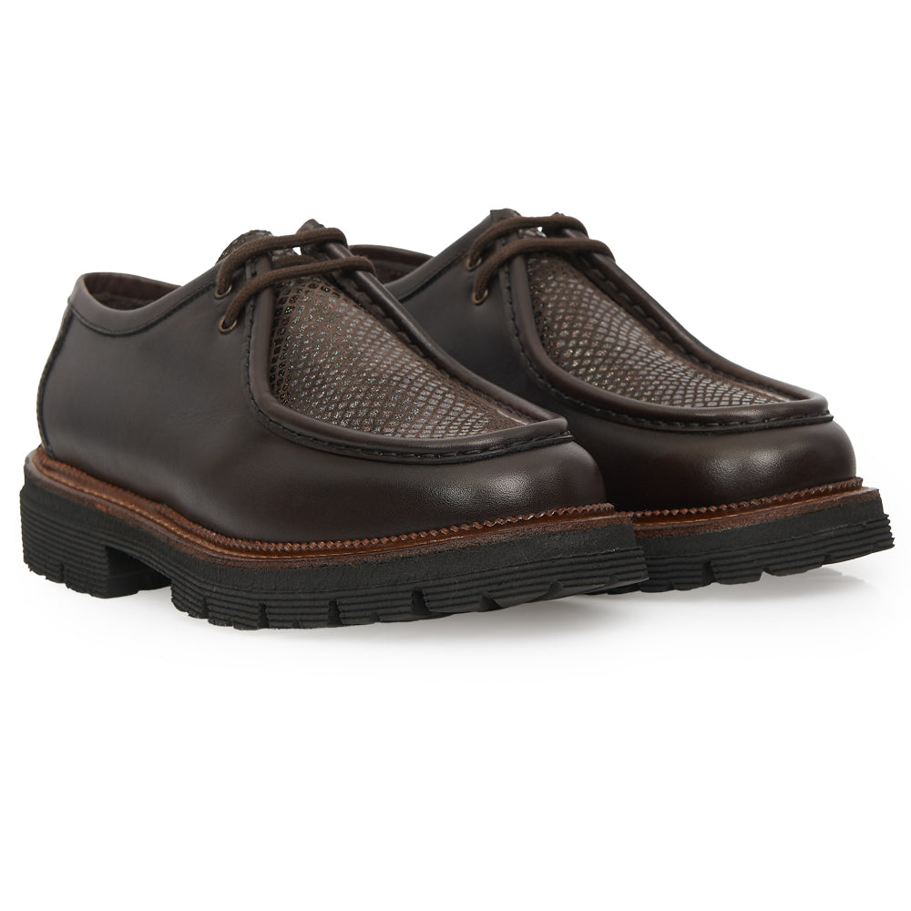 Scarpa Stringata Tirolese in Pelle Testa di Moro con Vaschetta a Fantasia e Suola Lug