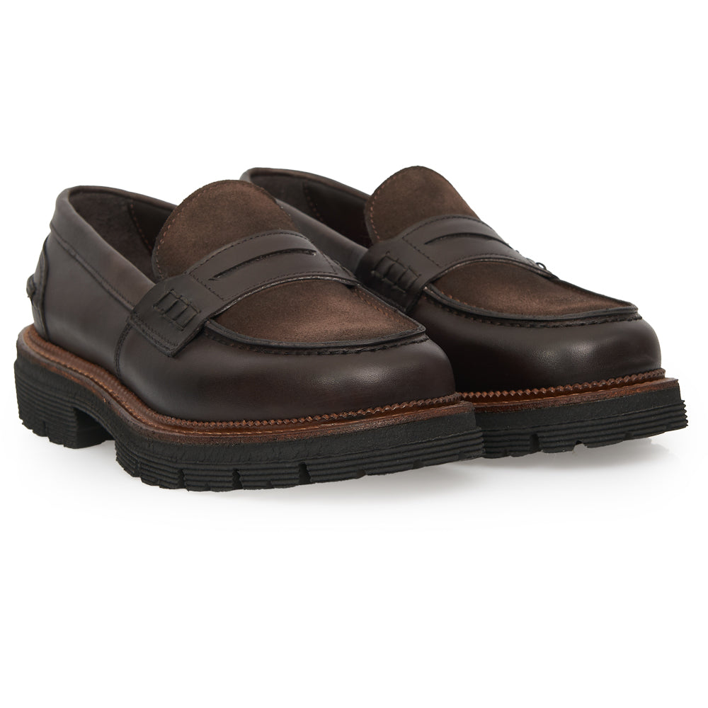 Penny Loafer in Dark Brown Leather with Suede Insole and Lug Sole