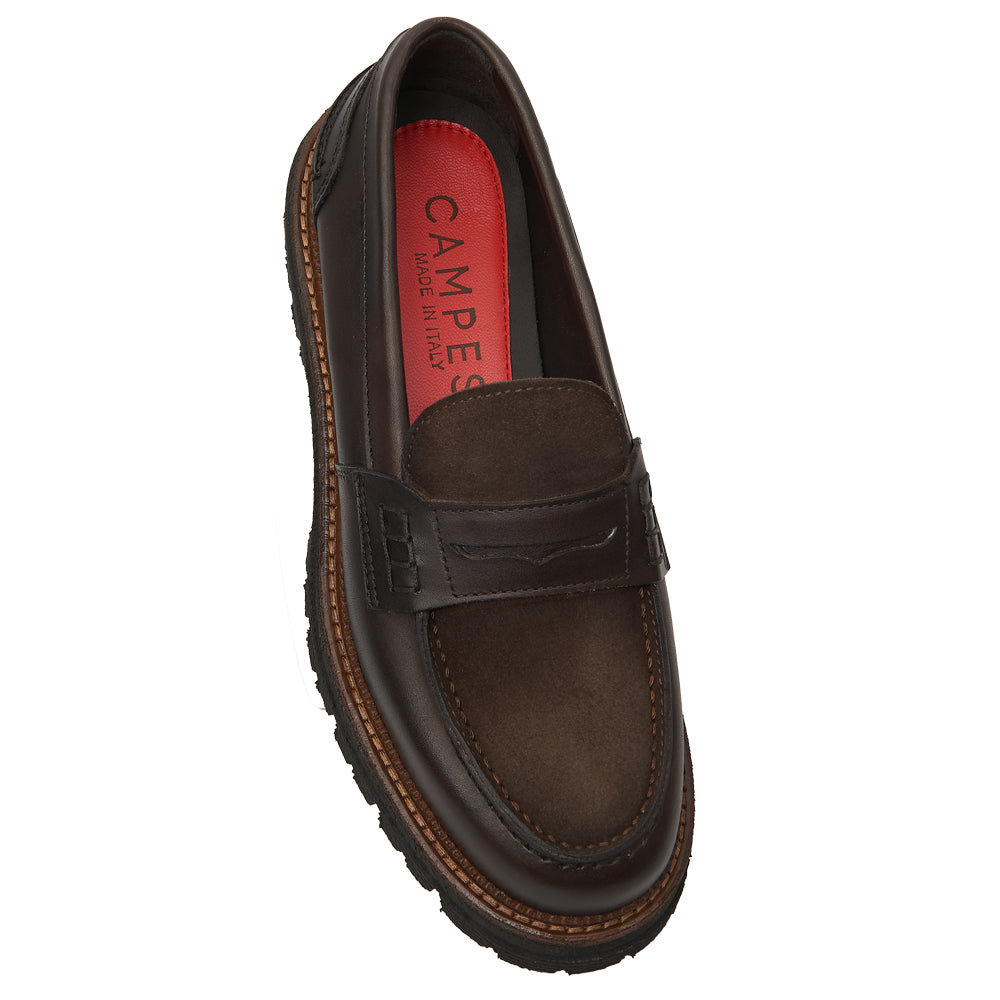 Penny Loafer in Dark Brown Leather with Suede Insole and Lug Sole