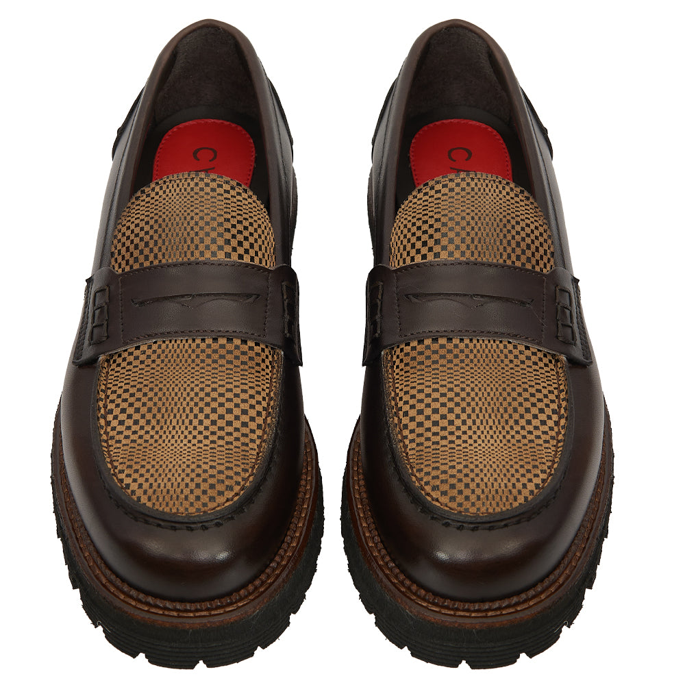 Mocassino Penny Loafer in Pelle Testa di Moro con Vaschetta a Fantasia e Suola Lug