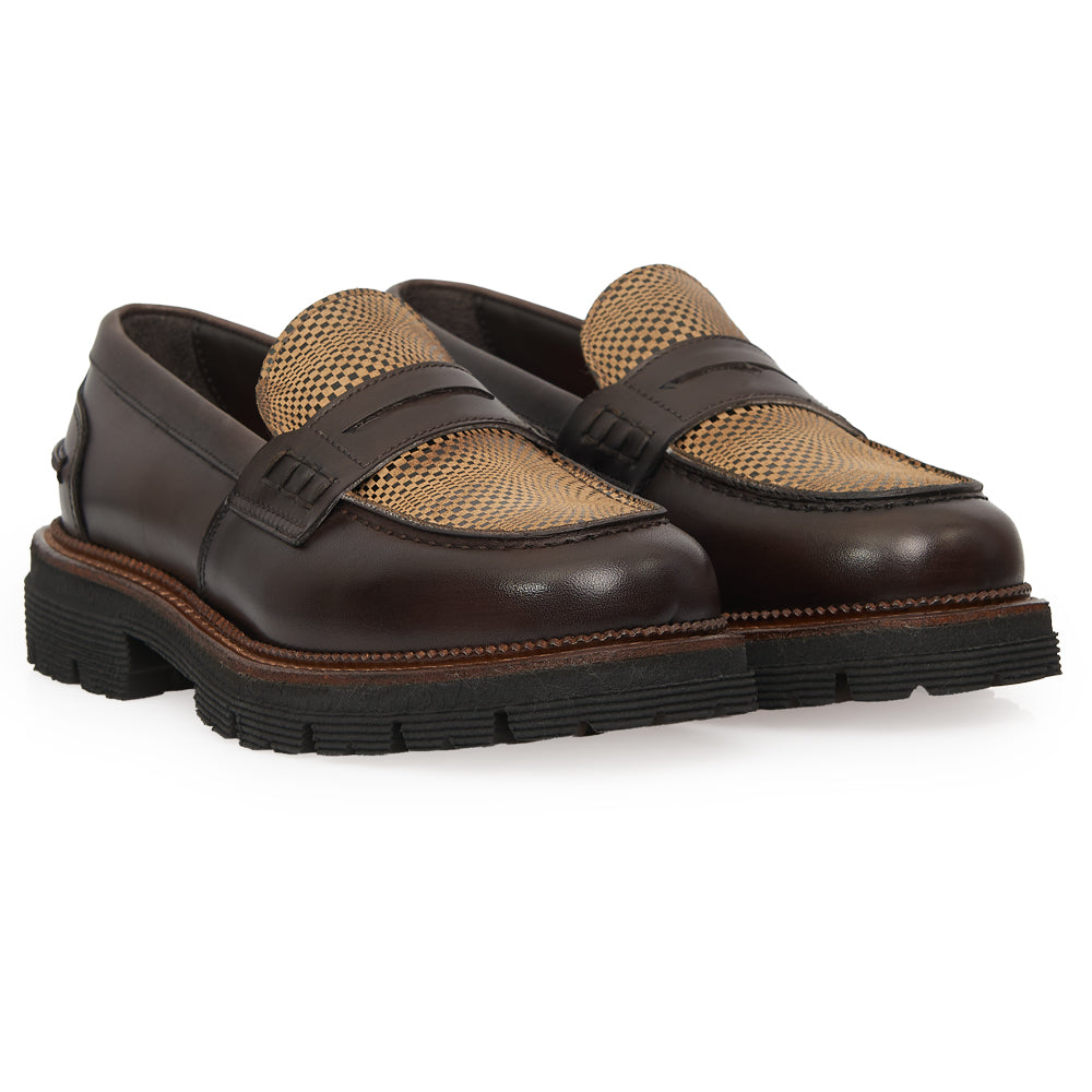 Mocassino Penny Loafer in Pelle Testa di Moro con Vaschetta a Fantasia e Suola Lug