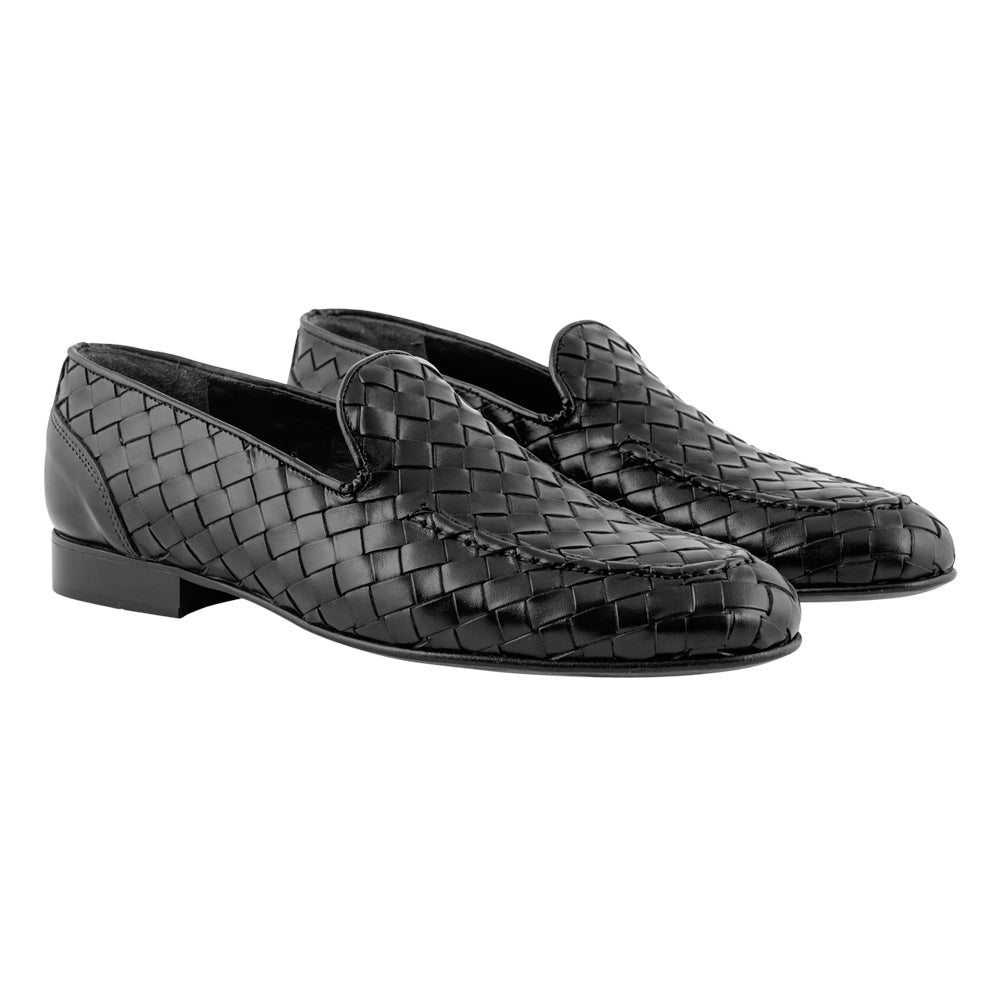 Black Woven Leather Loafers