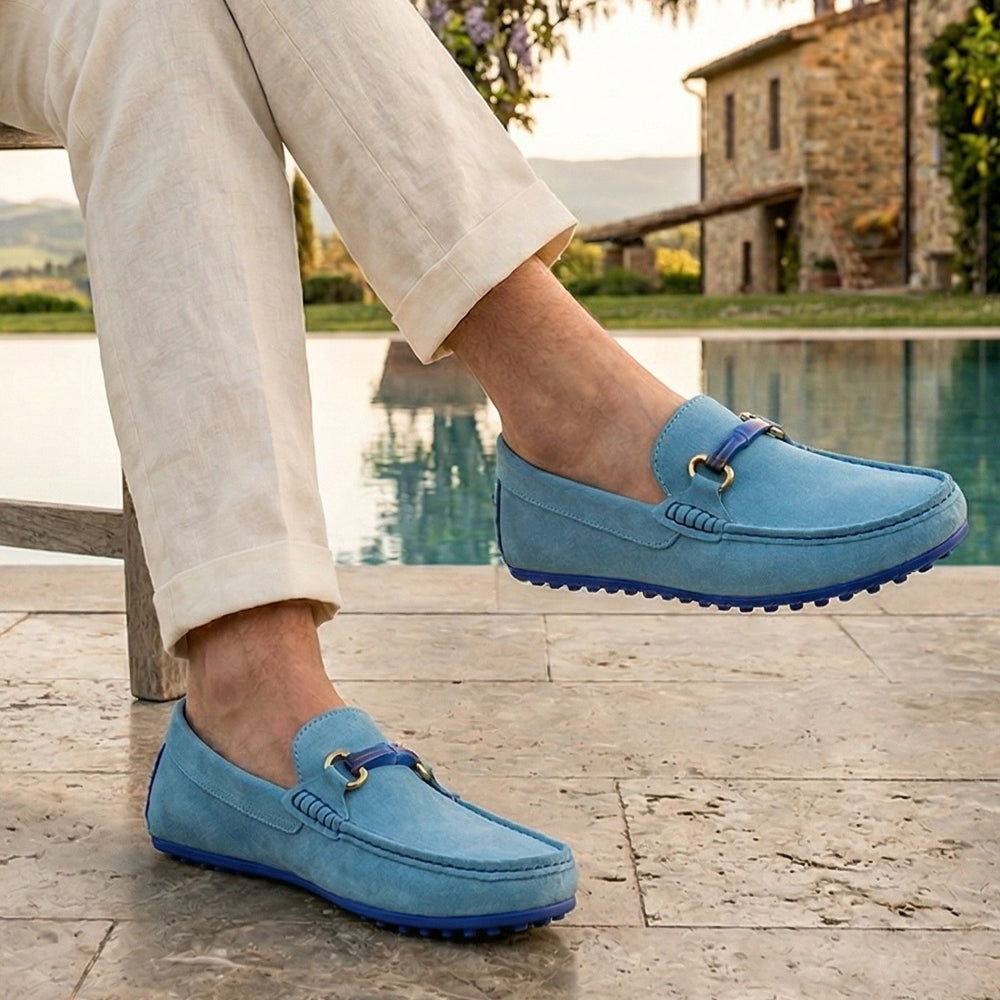 Mocassino Driving Camoscio – Celeste